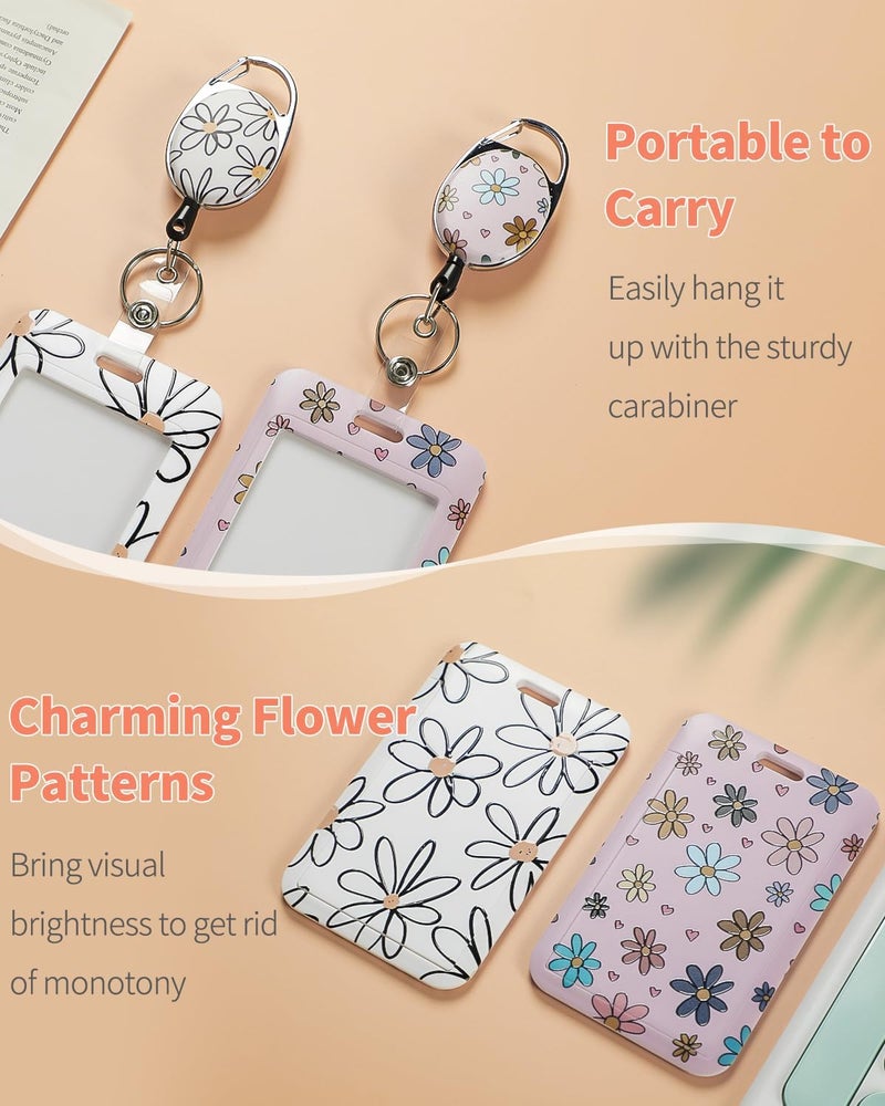 Uniclife 2 Pack Floral Sliding Badge Holder Vertical Flower Plastic Card Case Protector with Retractable Badge Reel Carabiner for Office School ID Credit Proximity Key Women Nurse Teacher Student - Image 5